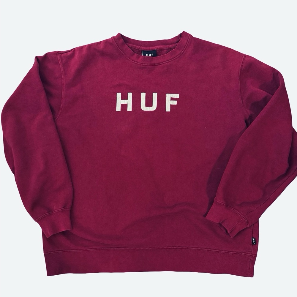 HUF Classic Logo Crewneck Sweatshirt – Burgundy – Size Large weathered letters
